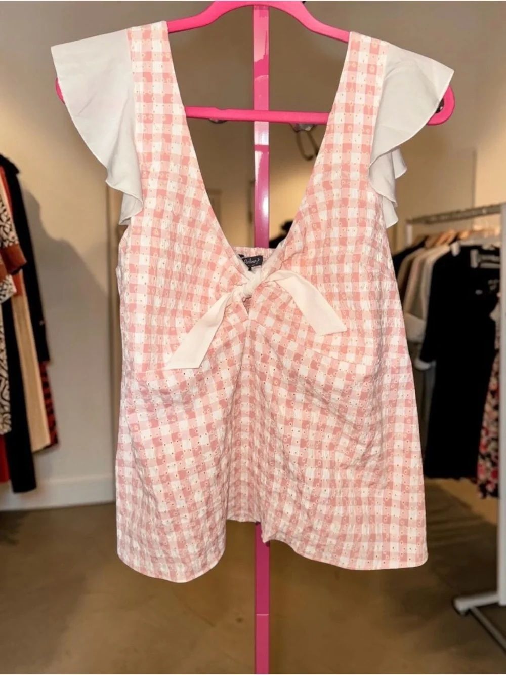 Smak Parlour Pink Gingham Tie-Front Ruffle Sleeve Top. Size 2X